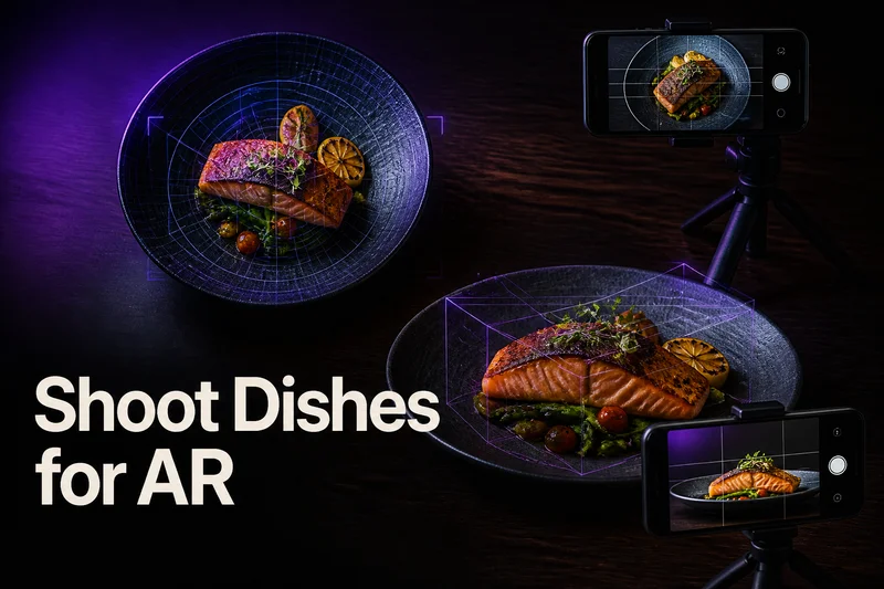 Overhead and side angles of a plated restaurant dish prepared for 3D AR menu photography