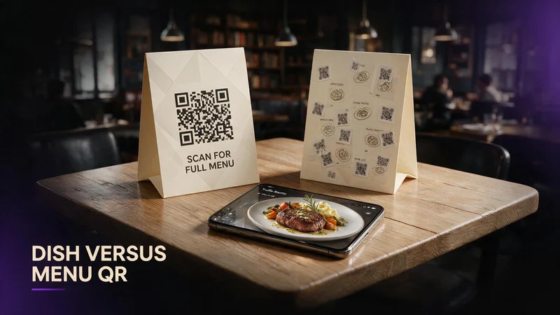 Restaurant table comparing a single full-menu QR tent with a cluttered set of per-dish QR stickers next to a phone WebAR preview