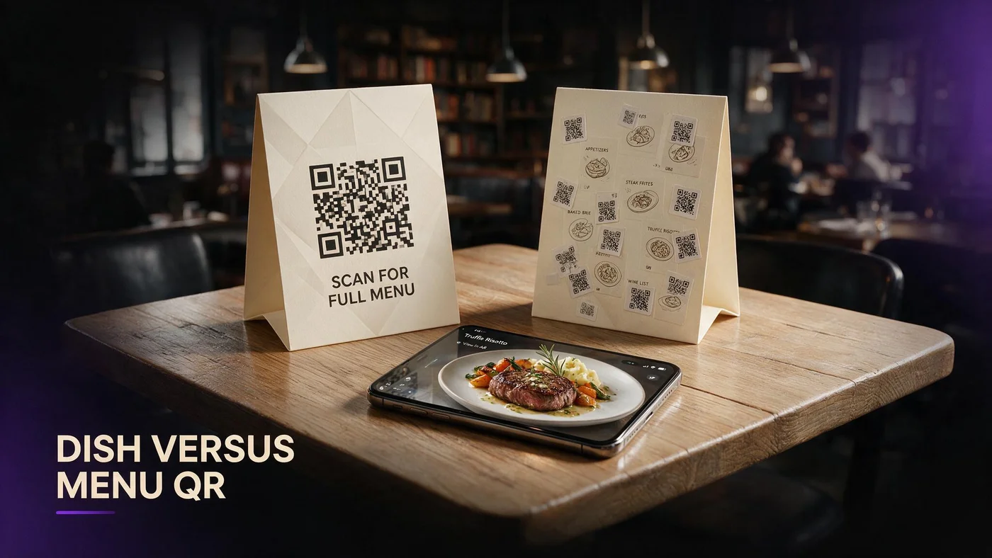 Dish QR vs Full Menu QR: Print Once (Free, 2026) Restaurant table comparing a single full-menu QR tent with a cluttered set of per-dish QR stickers next to a phone WebAR preview