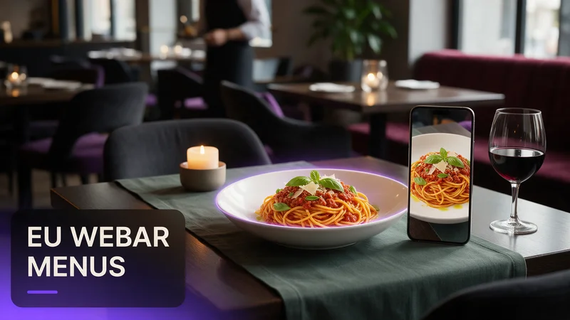 A guest scanning a table QR code to view a rotating 3D AR dish preview at an independent EU restaurant