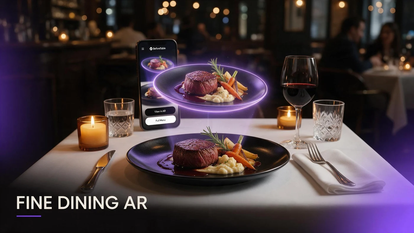 Fine Dining AR Guest Preview: Set Expectations (2026) A plated fine dining course shown in 3D AR preview on a phone at a restaurant table