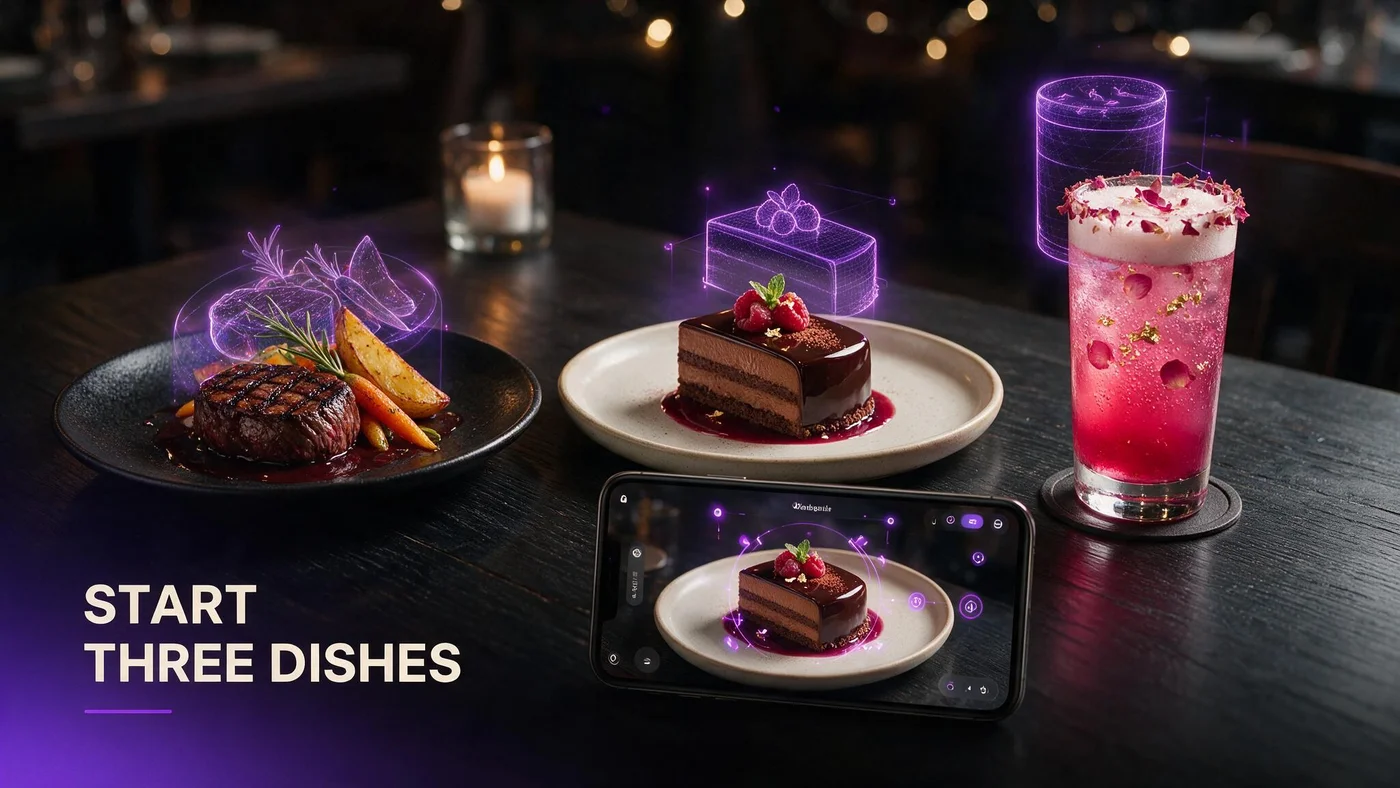 How Many Dishes to Put in AR First? Start With 3 (2026) Restaurant owner selecting three hero dishes on a tablet, each shown as a rotating 3D AR preview before menu launch