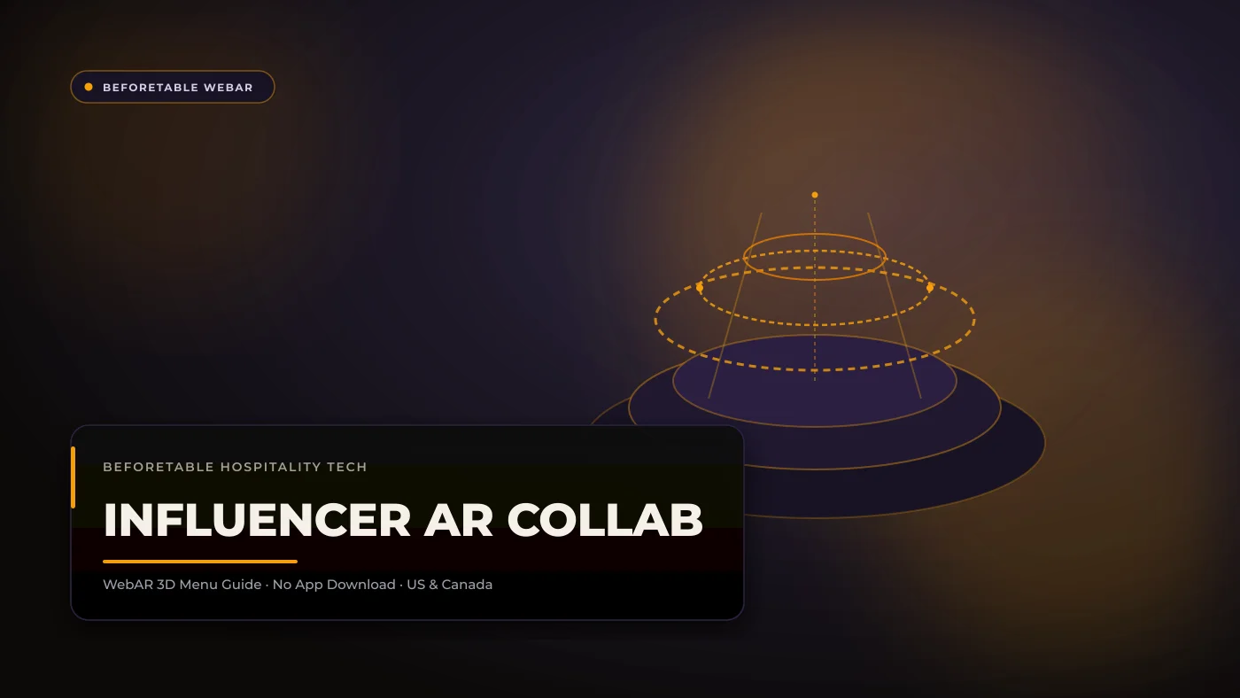 Food Influencer AR Menu Collabs: Better Than Free Meal Giveaways A food influencer filming a tabletop WebAR dish preview in a restaurant setting with smartphone and ring light