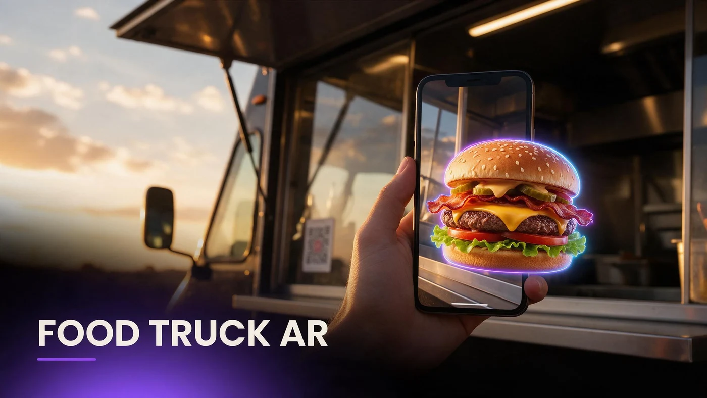 Food Truck QR AR Menu: Free Setup for the Line (2026) A burger shown in 3D AR preview on a phone in line at a food truck window