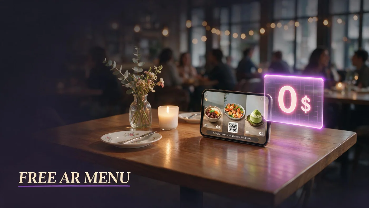 Free AR Menu for Restaurants in 2026: What $0 Actually Gets You on BeforeTable Restaurant owner reviewing a free BeforeTable AR menu on a phone with 3D dish preview open in Safari beside a table QR tent