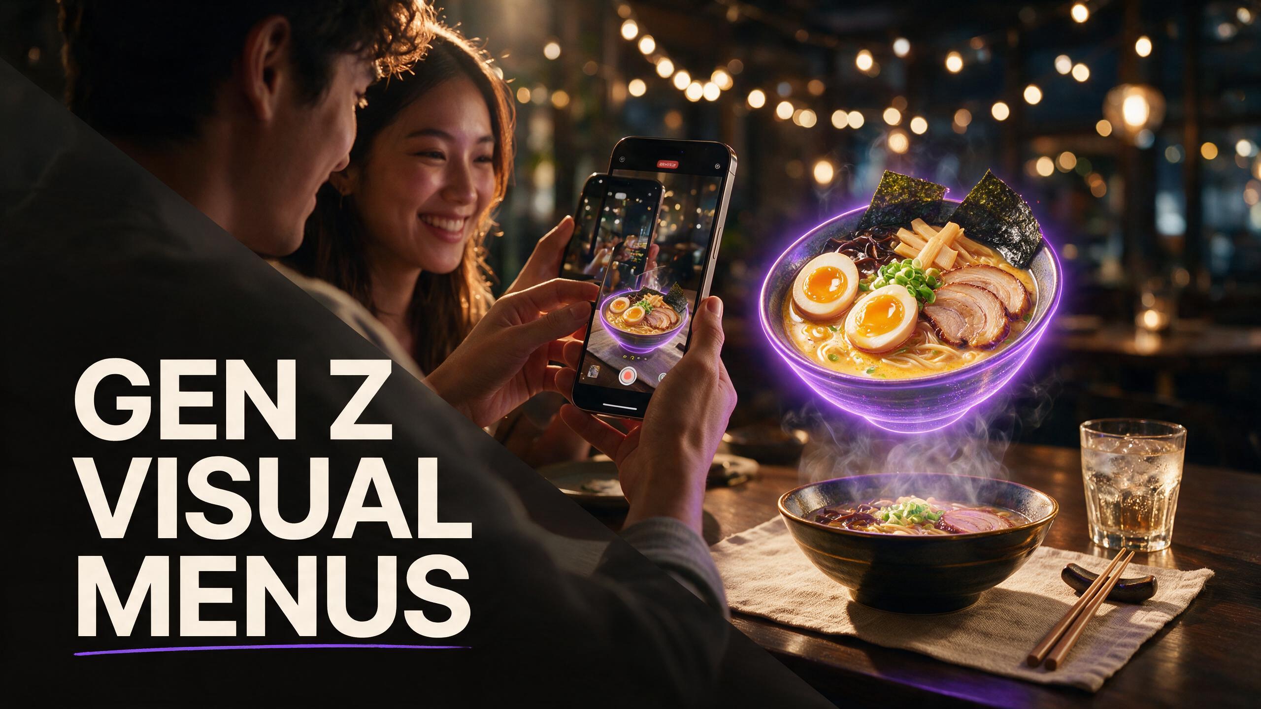 Gen Z diners viewing a 3D holographic dessert on a phone at a modern restaurant table with QR code
