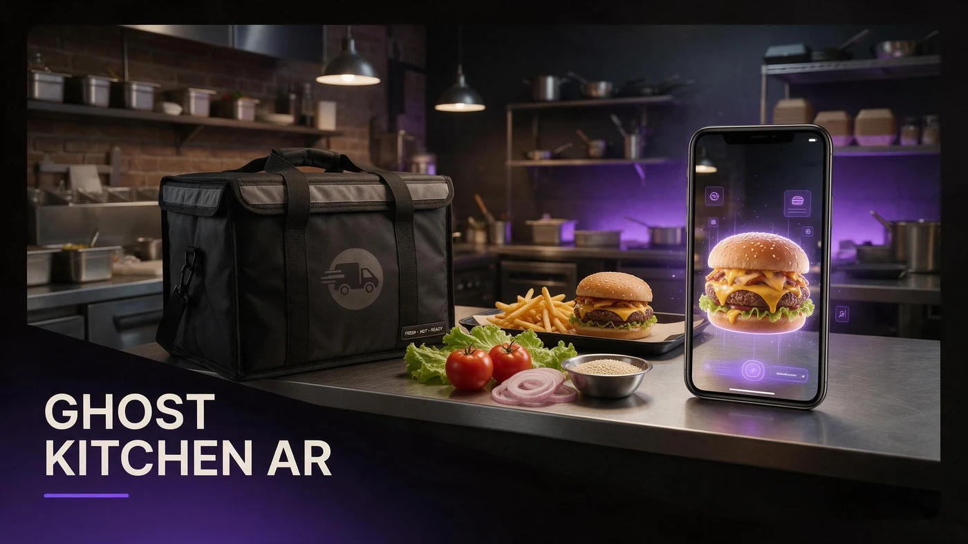 Ghost Kitchen Visual Menu AR: Cut Refund Requests (2026) A delivery box dish shown in 3D AR preview on a phone next to a ghost kitchen packaging bag