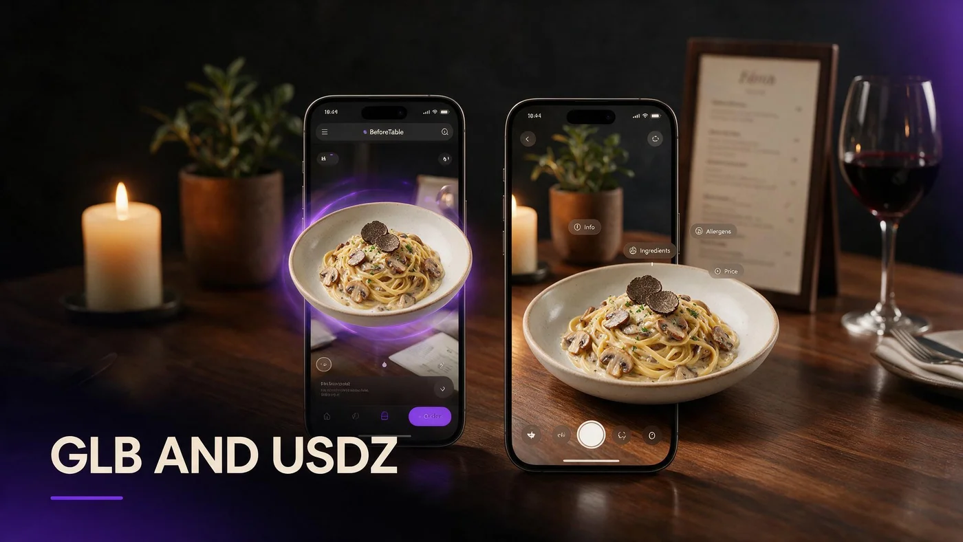 GLB and USDZ Files for Restaurant Menus, Explained (2026) Two phone screens side by side, one showing an Android 3D model file and one showing an iPhone AR Quick Look preview of the same dish
