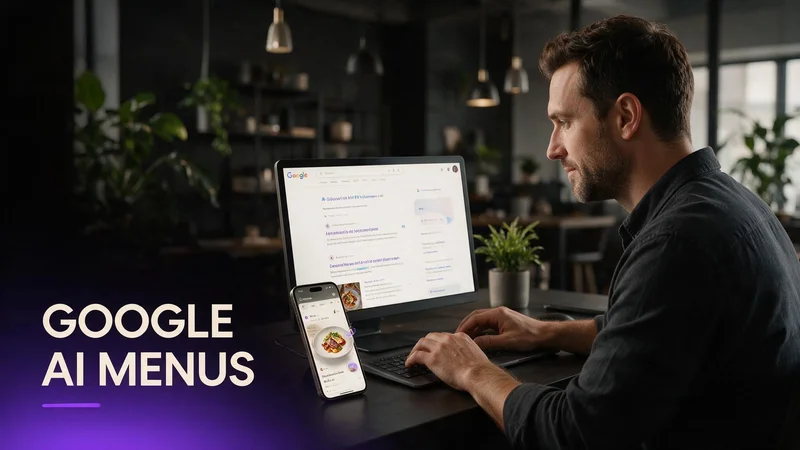 Restaurant owner reviewing Google AI Overview search results on a laptop with a phone showing a WebAR dish preview beside the keyboard