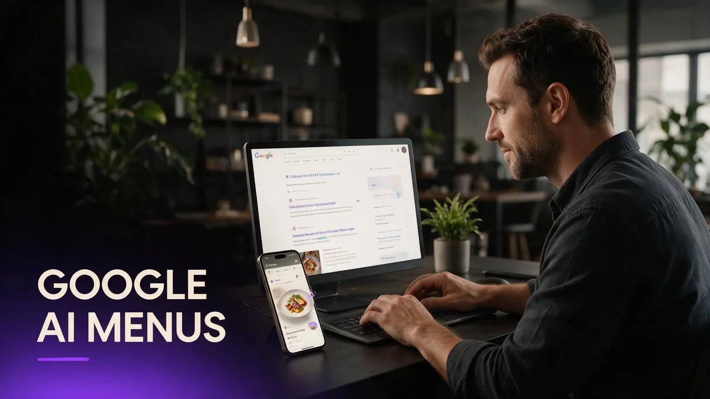Google AI Overviews for Restaurant Menus: How to Show Up in AI Answers in 2026 Restaurant owner reviewing Google AI Overview search results on a laptop with a phone showing a WebAR dish preview beside the keyboard