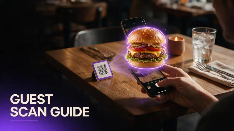 Restaurant guest scanning a table QR code and tapping a 3D dish badge to preview food in AR on iPhone Safari at a Canadian bistro table