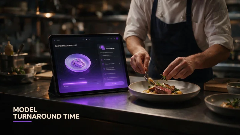 Restaurant owner uploading dish photos on a laptop while a phone shows a 3D AR menu preview moving from Processing to Ready status