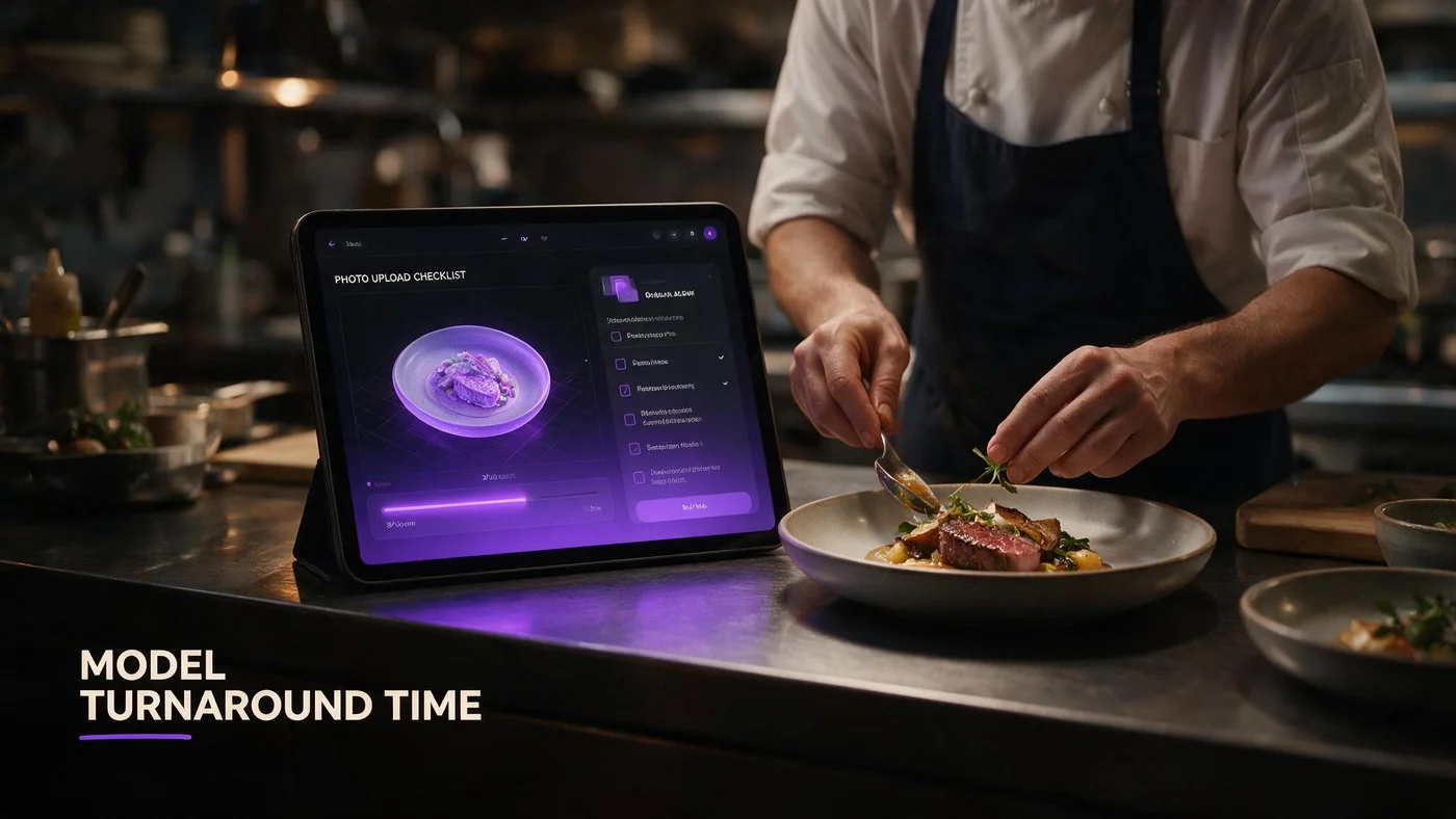 How Long Does It Take to Create 3D Dish Models for an AR Menu? (2026 Timeline) Restaurant owner uploading dish photos on a laptop while a phone shows a 3D AR menu preview moving from Processing to Ready status
