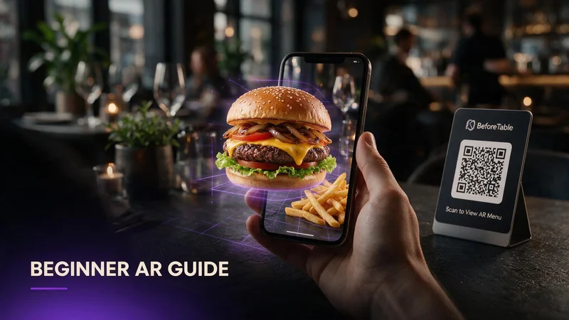 First-time guest scanning a QR code with their phone camera and viewing a rotating 3D dish above the restaurant table