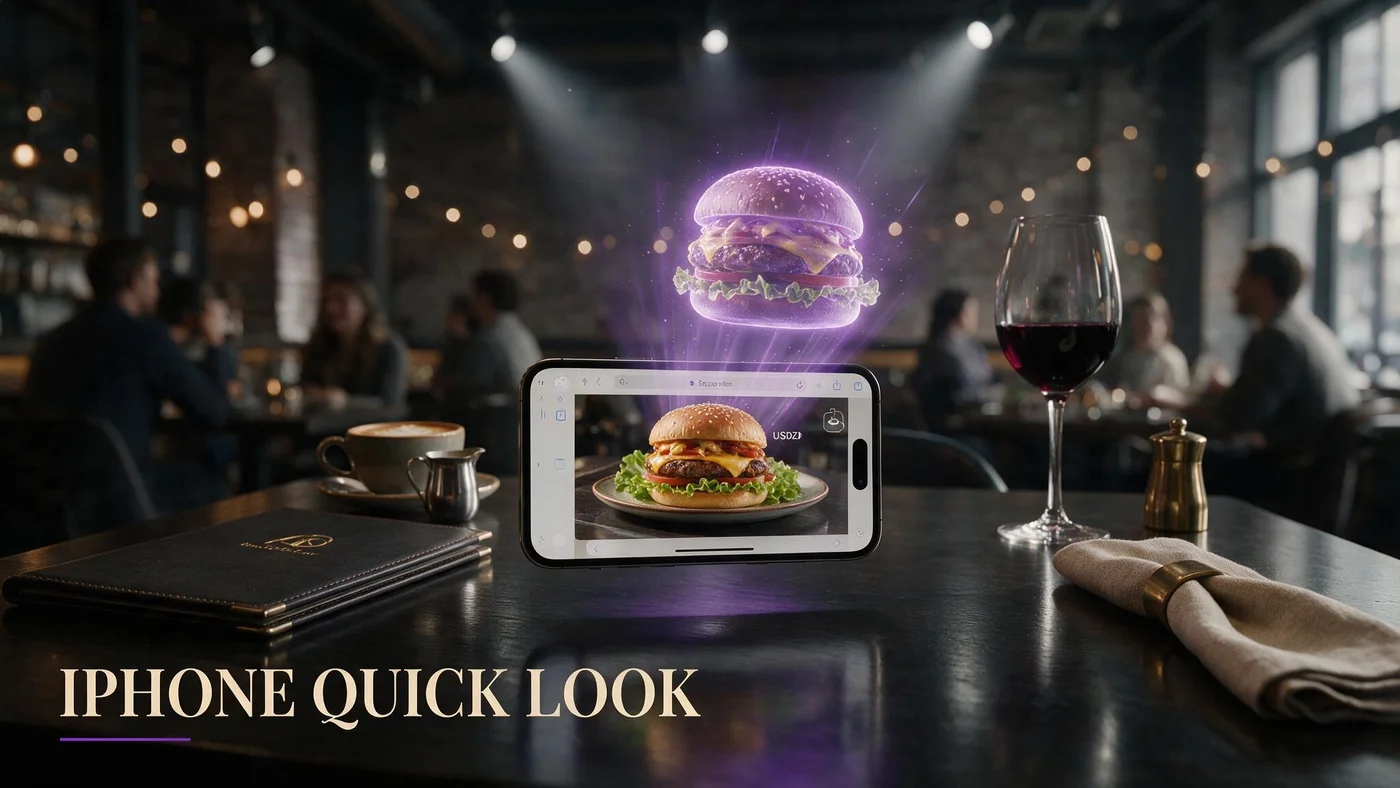 iOS Quick Look for Restaurant Menus: iPhone AR Dish Preview Without an App in 2026 iPhone showing Safari restaurant menu with AR Quick Look dish preview floating above a table QR code tent