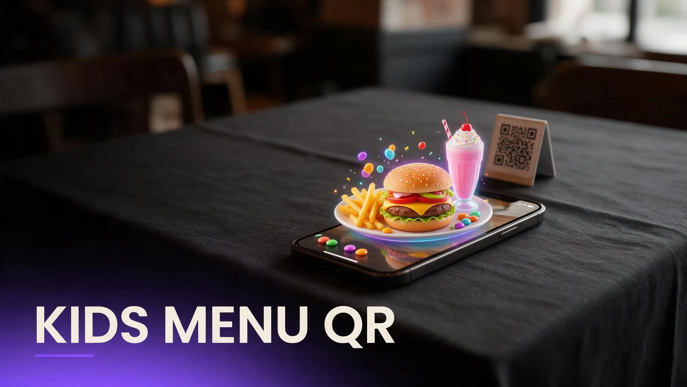 Kids Menu Interactive QR: Keep Kids Busy at the Table (2026) A colorful kids dish shown in 3D AR preview on a phone at a family restaurant table
