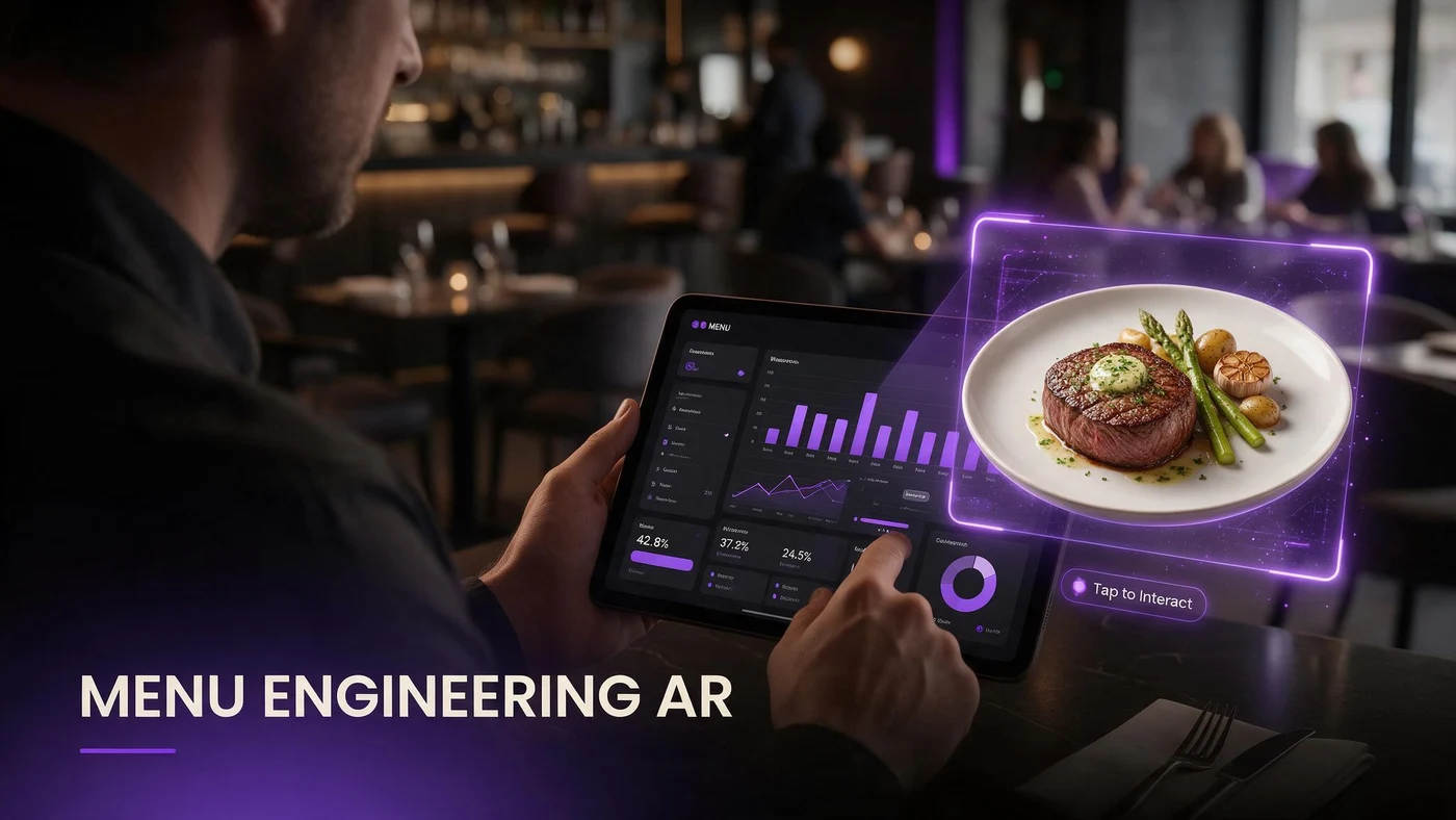 Menu Engineering Gets a Visual Upgrade With AR Star Dishes (2026) A high margin dish shown as a rotating 3D AR preview on a phone next to a restaurant menu page