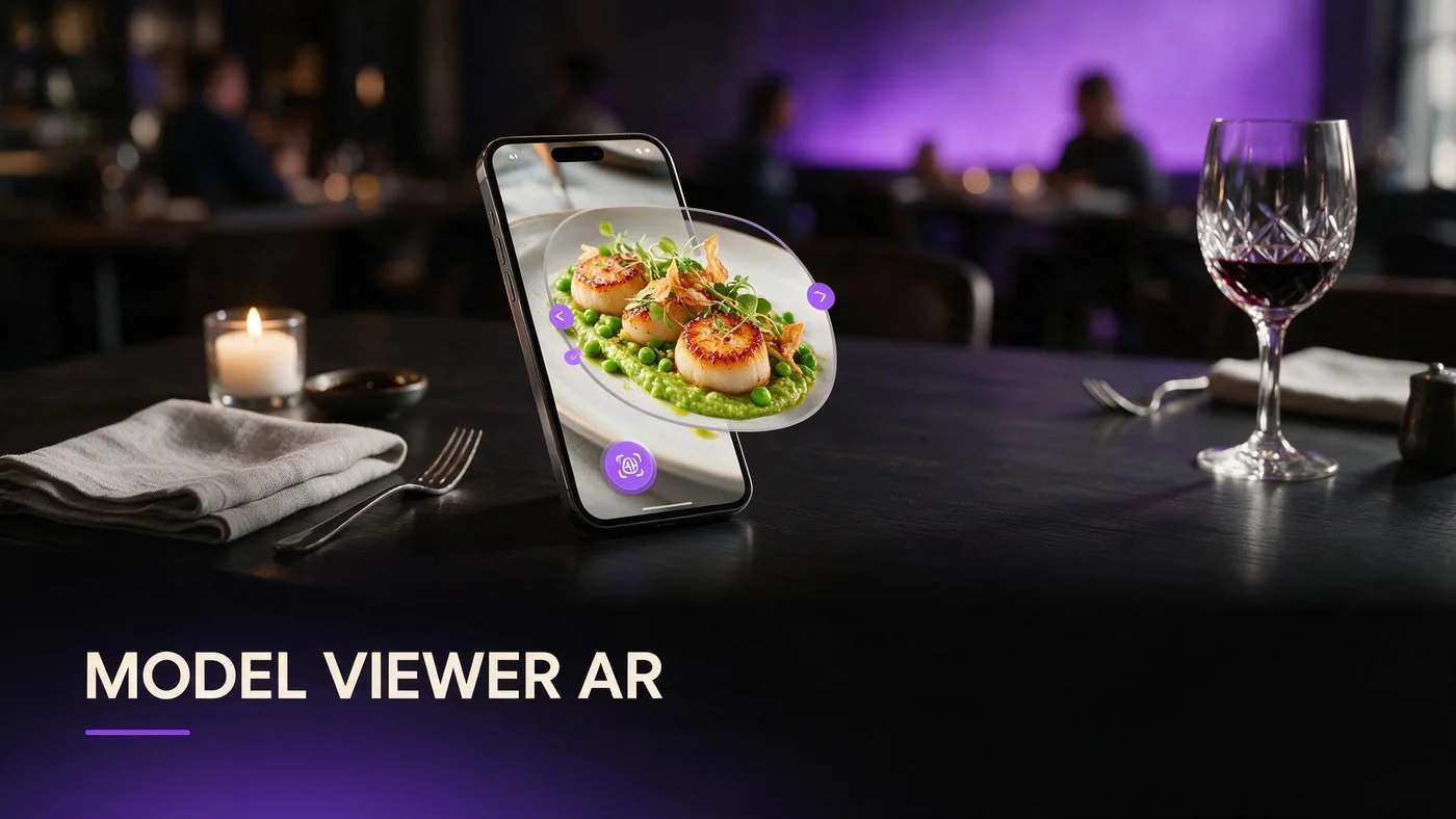 Model Viewer for AR Restaurant Menus (Free, 2026) Phone browser showing a 3D model viewer widget displaying a rotatable restaurant dish