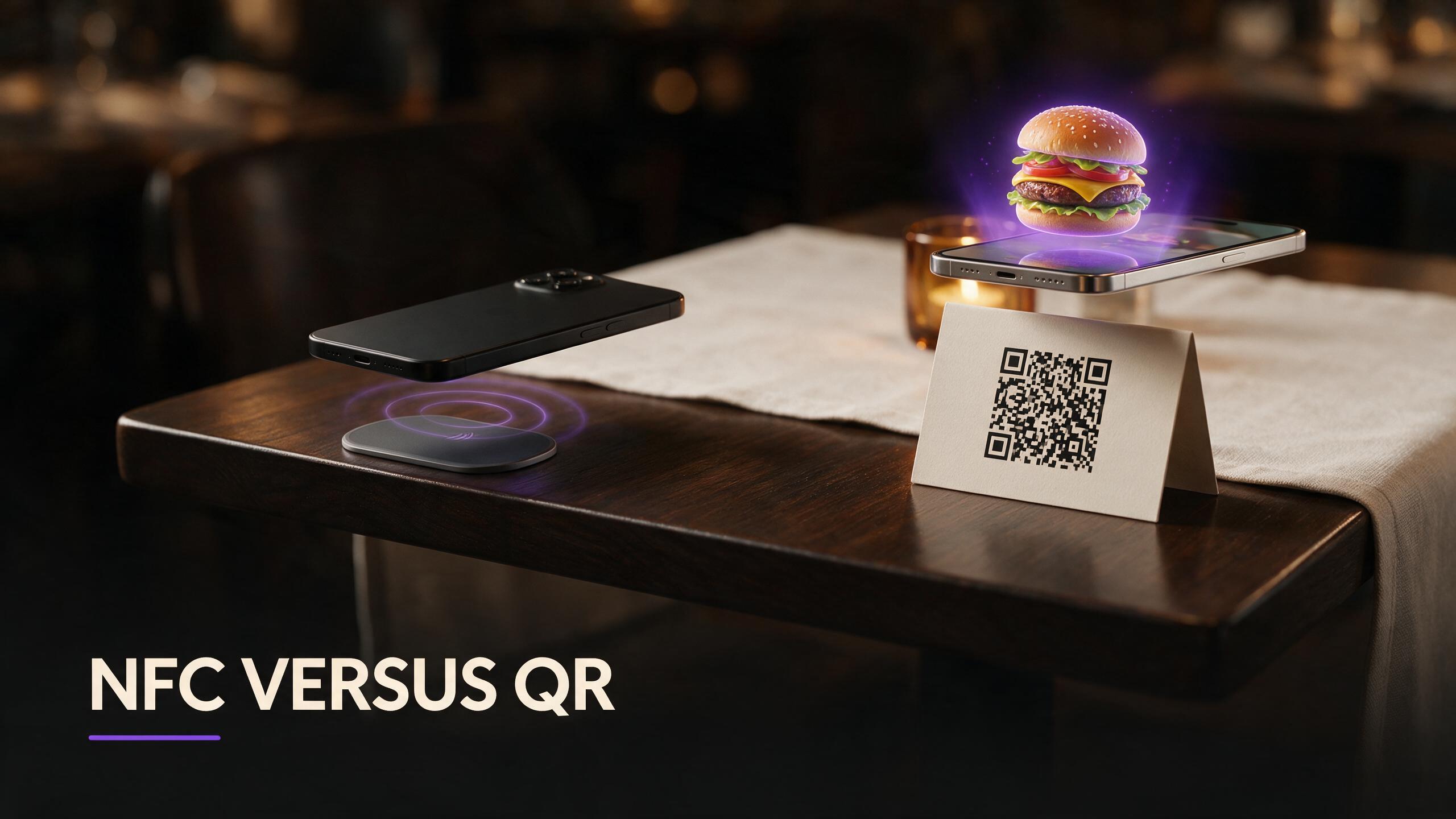 Restaurant guest tapping an NFC tag beside a QR code tent on a table with a 3D dish preview on a phone