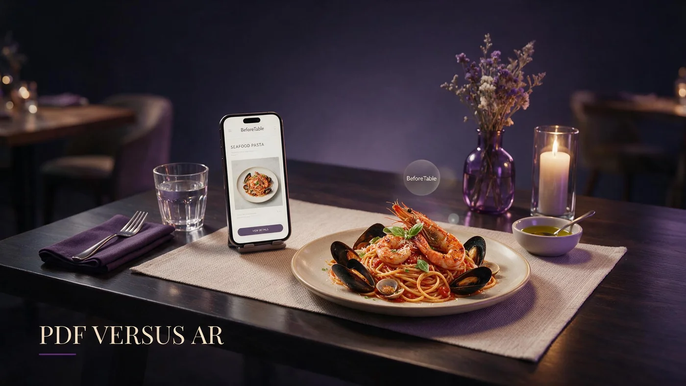 PDF QR Menu vs AR Menu: What US and Canada Restaurants Should Choose in 2026 Split view of a PDF QR menu on one phone and an AR menu with 3D dish preview on another phone at a US restaurant table