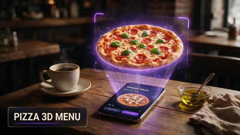 A whole pizza shown in interactive 3D AR preview on a phone at a pizzeria table