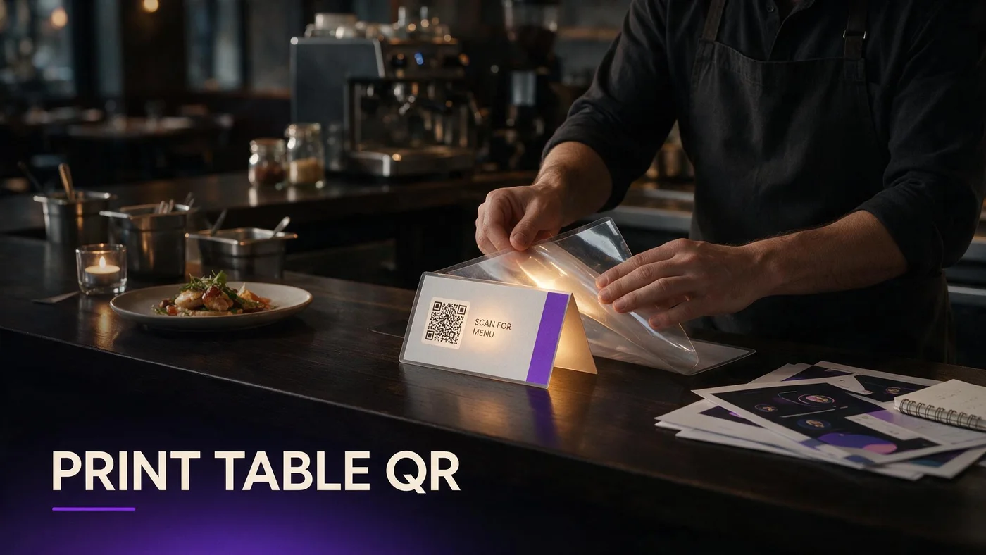 How to Print a QR Menu Table Tent: Size, Design, and WebAR Setup for Restaurants in 2026 Printed QR menu table tent on a restaurant table beside a phone showing a WebAR dish preview after scan
