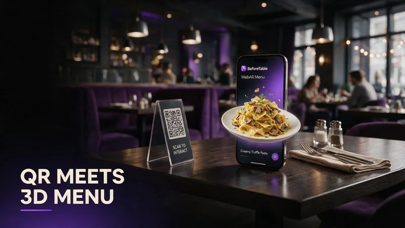 Restaurant table QR code tent beside a phone showing a rotating 3D dish model on a digital menu