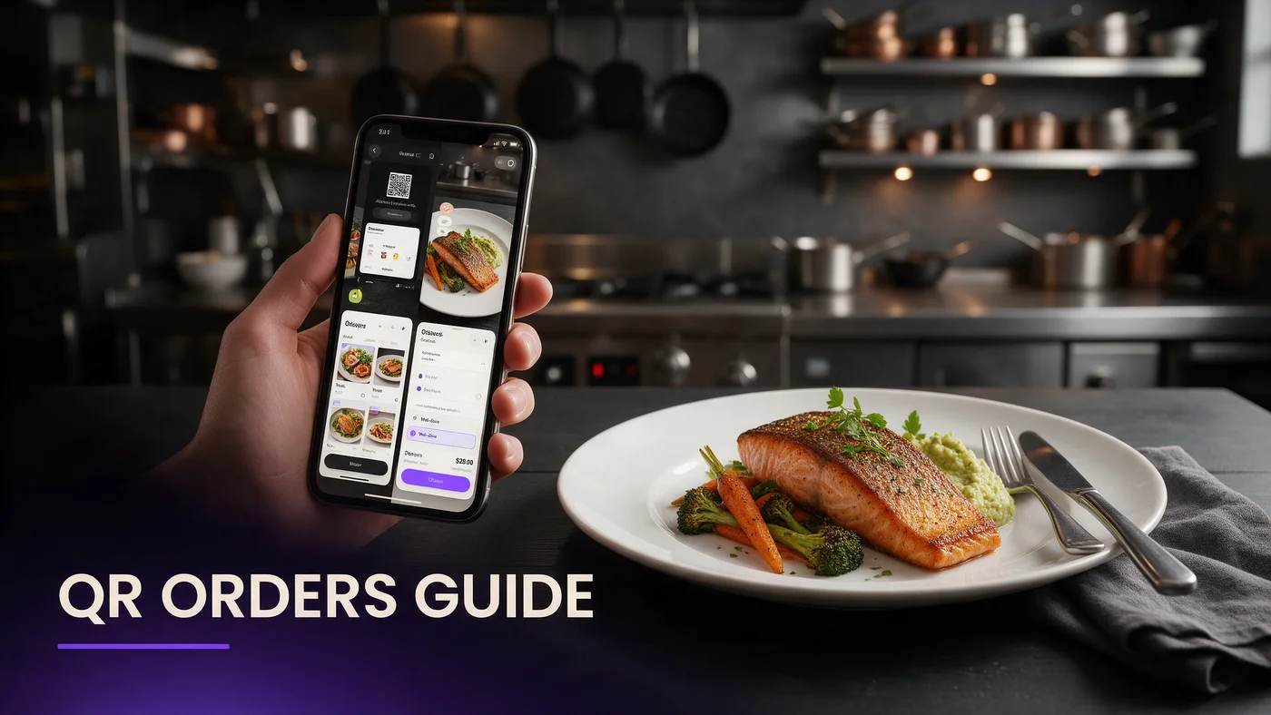 QR Menu and Orders: An Honest Guide for Restaurant Owners (2026) A server checking a kitchen ticket printer next to a table showing a QR menu open on a phone