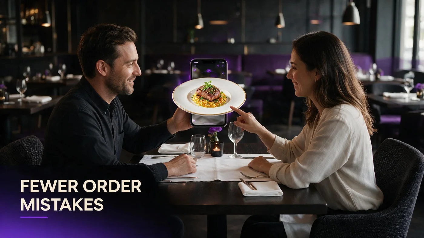 Reduce Order Mistakes With a 3D Menu Preview (2026) Server confirming an order at a table while a guest reviews a 3D dish preview on their phone