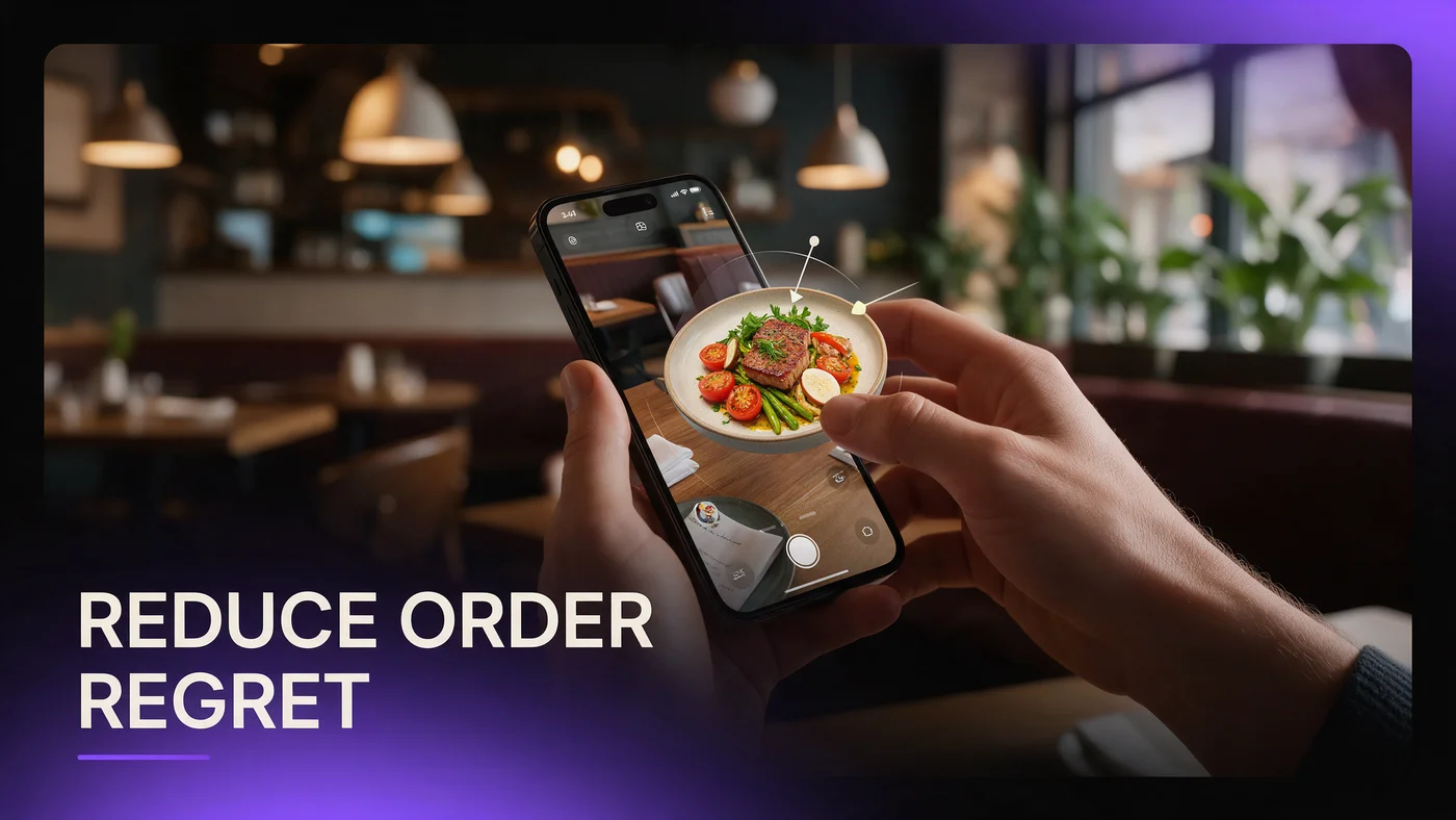 Reduce Order Regret with AR Preview Before Guests Commit (2026) A guest rotating a 3D AR dish preview on their phone before deciding what to order at a restaurant table