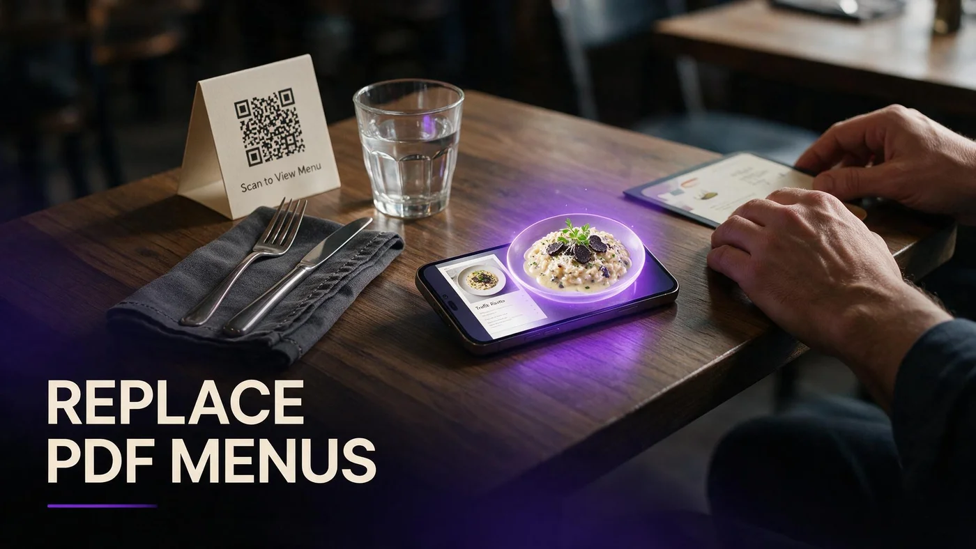 Replace PDF Restaurant Menu With AR (Free, No App, 2026) Restaurant owner replacing a PDF QR menu with an AR WebAR menu on a phone beside table tents at a US dining room