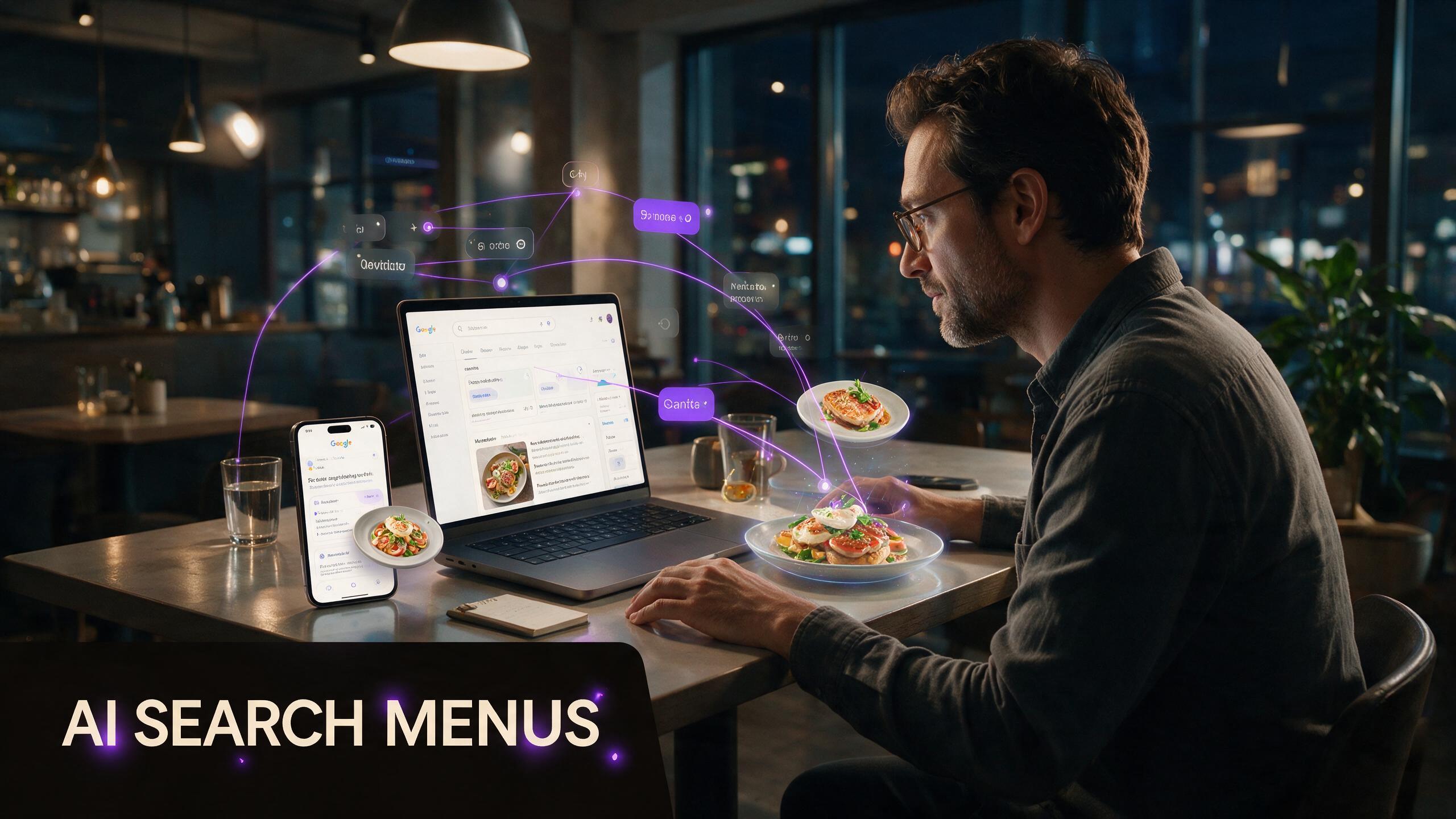 Restaurant owner reviewing AI search results on a laptop beside a phone showing a 3D AR menu preview