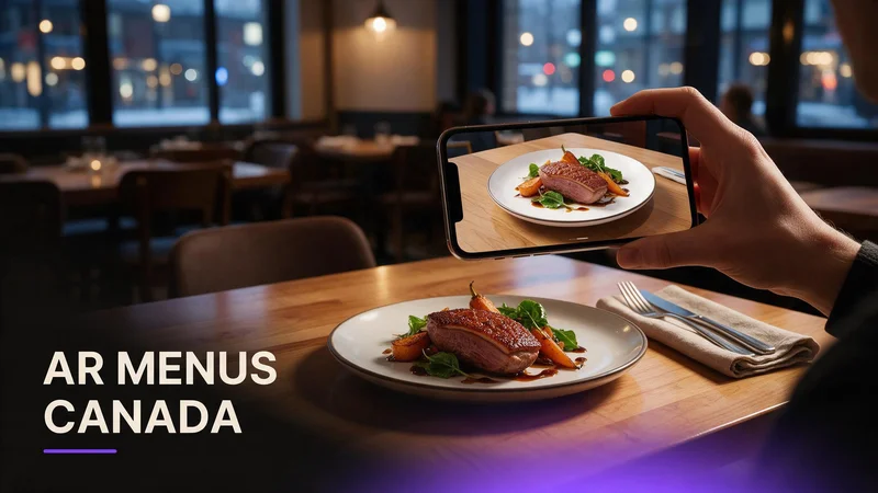 A guest scanning a table QR code to view a rotating 3D AR dish preview at a Canadian restaurant