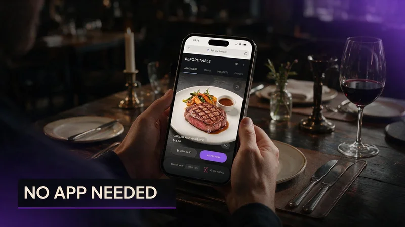 Guest viewing a restaurant digital menu with 3D dish preview in iPhone Safari without installing an app
