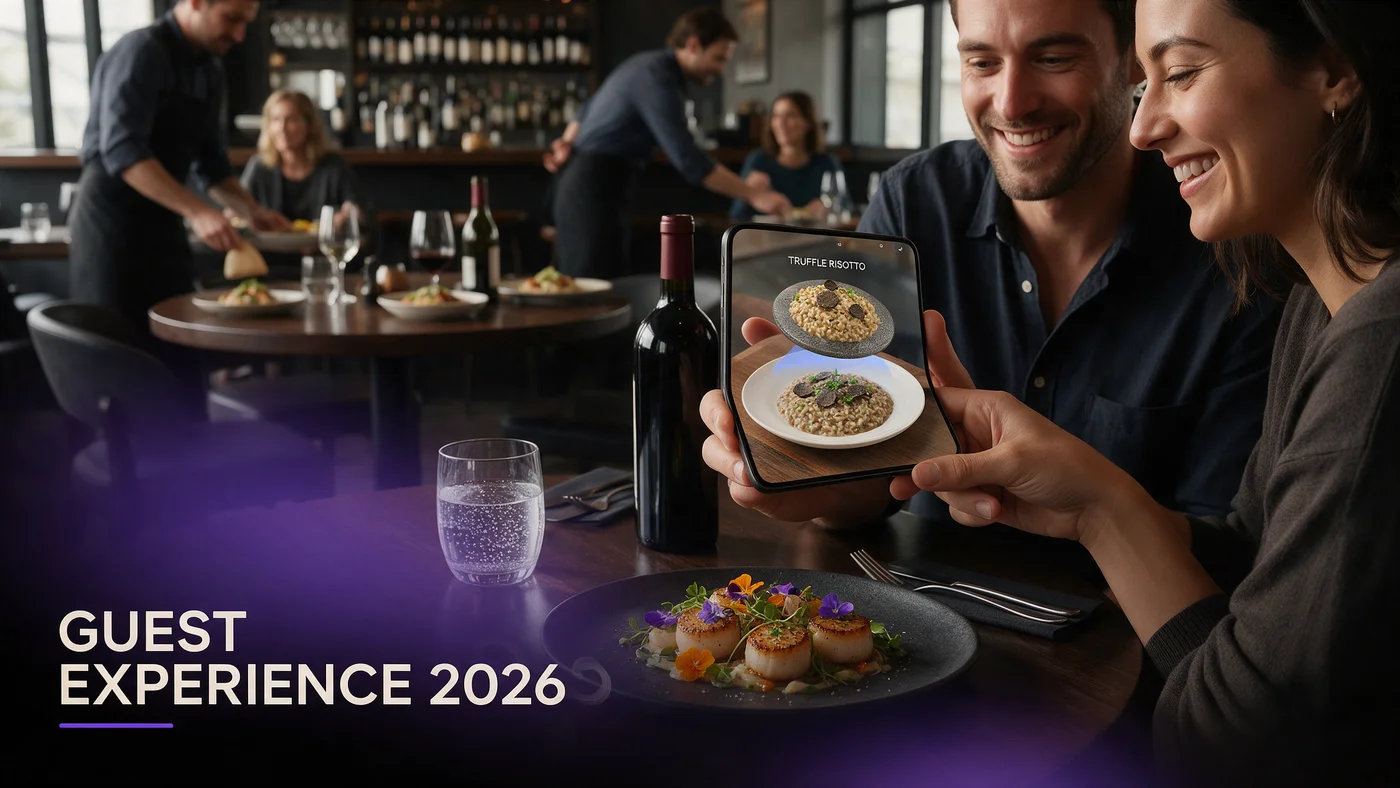 Restaurant Guest Experience Tech in 2026: What Independents Actually Need A guest at a table using a phone WebAR preview instead of a tablet or app, showing simple 2026 restaurant guest experience tech
