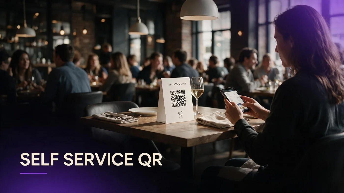 Restaurant Labor Shortage and Self-Service QR Menus: How US and Canada Owners Cut Table Friction in 2026 Understaffed restaurant dining room with guest scanning a table QR code to browse the menu on a phone without waiting for a server