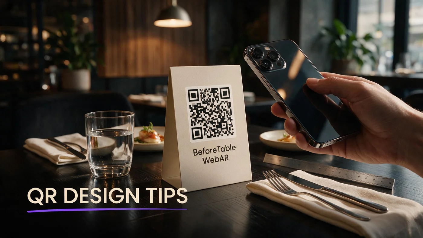 Restaurant QR Code Design Tips for 2026 (No App) Restaurant designer checking QR table tent contrast, quiet zone, and scan angle under dining-room lighting with a phone camera