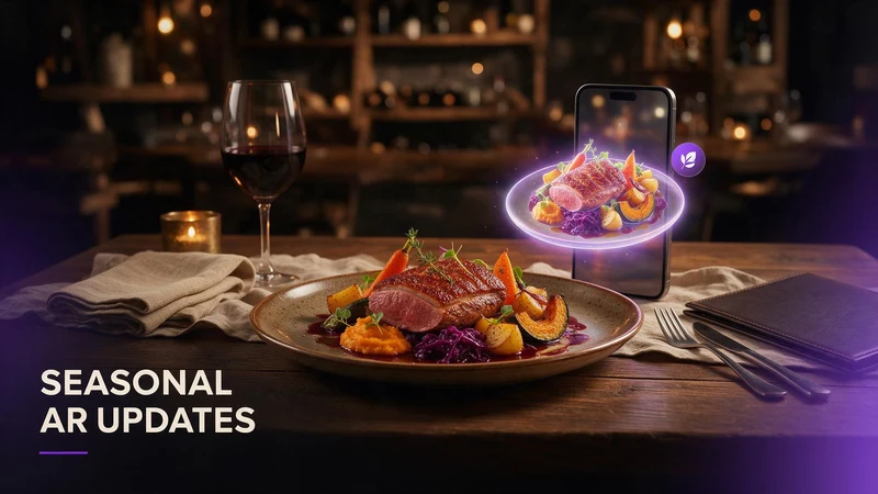 A seasonal dessert shown as a rotating 3D AR preview on a phone beside a fixed table QR code
