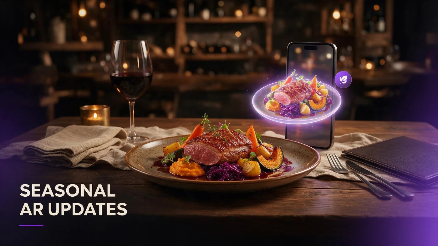 Seasonal Menu AR Updates: Keep Your QR Code, Refresh the Dishes (2026) A seasonal dessert shown as a rotating 3D AR preview on a phone beside a fixed table QR code