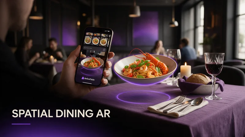 A phone held above a restaurant table showing a 3D dish placed in space through a WebAR spatial dining preview