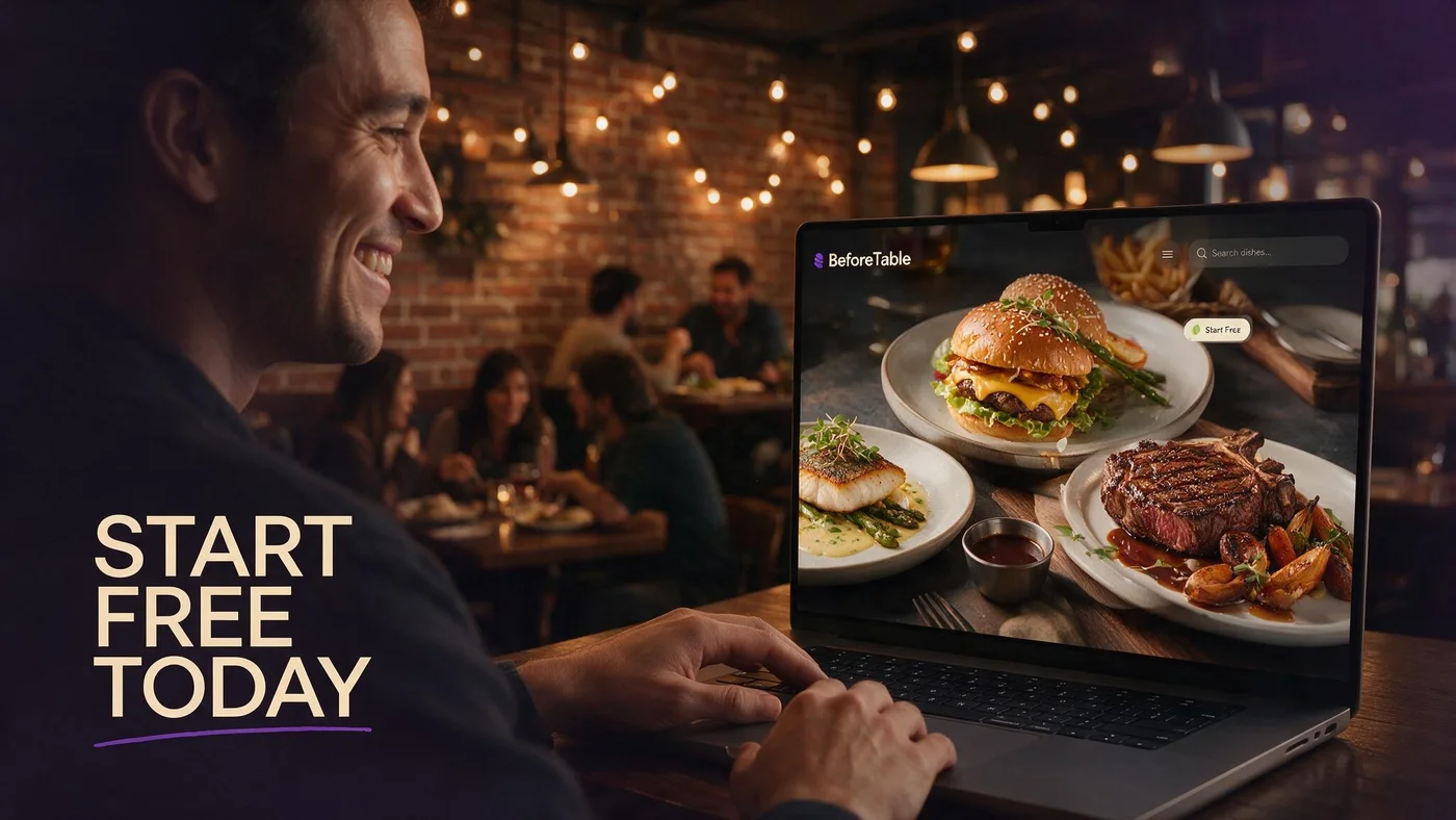How to Start a Free AR Restaurant Menu in 2026 (3 Dishes, No Guest App) Restaurant owner uploading three dish photos to start a free WebAR menu with a printed table QR code