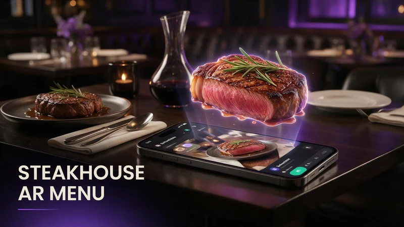 A steak cut shown in 3D AR preview on a phone at a steakhouse table with sides plated nearby