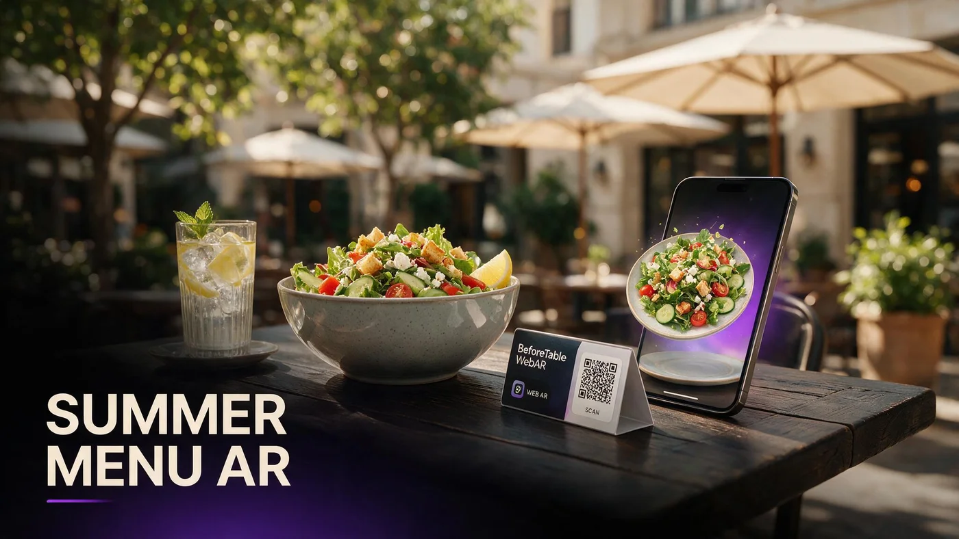Summer Menu Ideas With AR Preview in 2026 (Seasonal Dishes Guests See Before Ordering) Bright summer patio table with a phone showing a 3D AR preview of a seasonal salad beside a printed QR menu card
