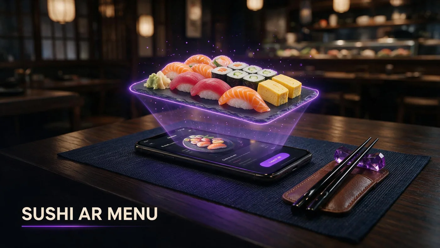 Sushi AR Menu for Restaurants: Free QR Setup (2026) A sushi platter shown in 3D AR preview on a phone at a restaurant table with chopsticks visible