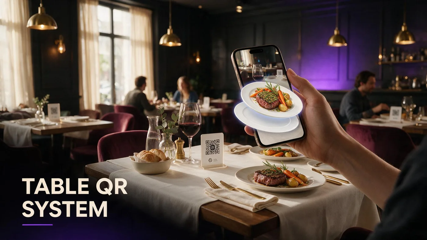 Table QR Code Menu System: How US and Canada Restaurants Deploy One Menu Link Per Room in 2026 Restaurant dining room with table QR code tents and a guest phone showing a WebAR dish preview in Safari