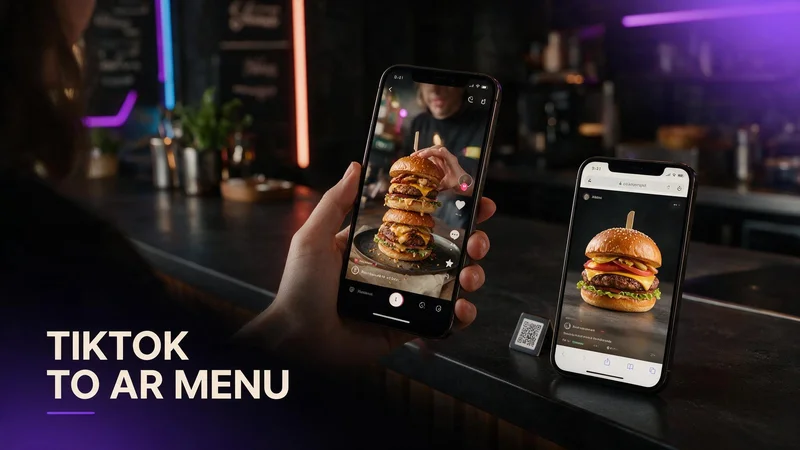 Creator-style food clip on a phone beside a restaurant QR menu showing the same dish in a 3D AR preview