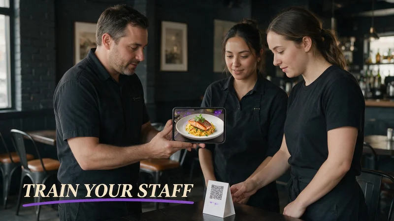 Restaurant manager training two servers on a phone WebAR dish preview beside a table tent QR before dinner service