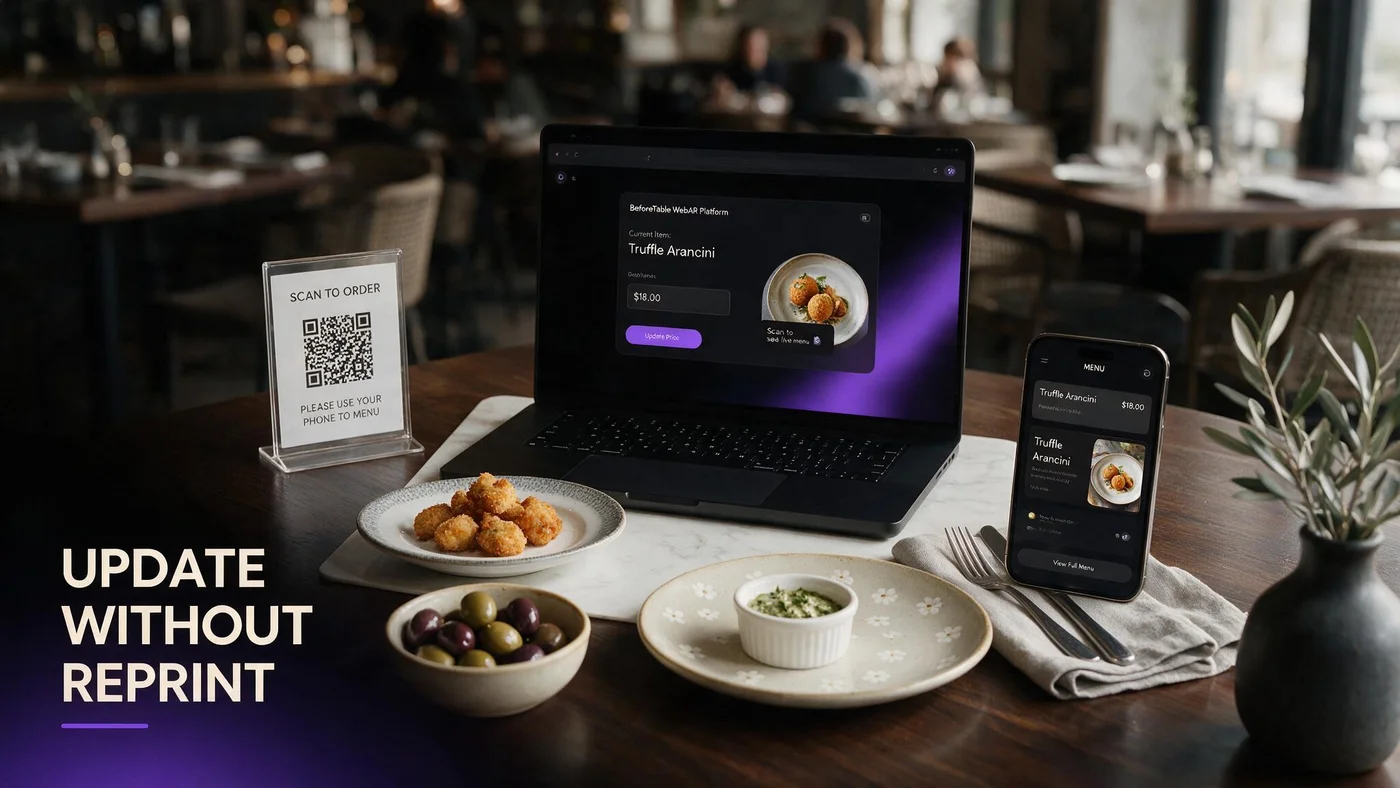 Update Digital Menu Without Reprinting QR (Free, 2026) Restaurant manager editing menu prices on a laptop while table QR tents stay unchanged with guests viewing updated items on phones