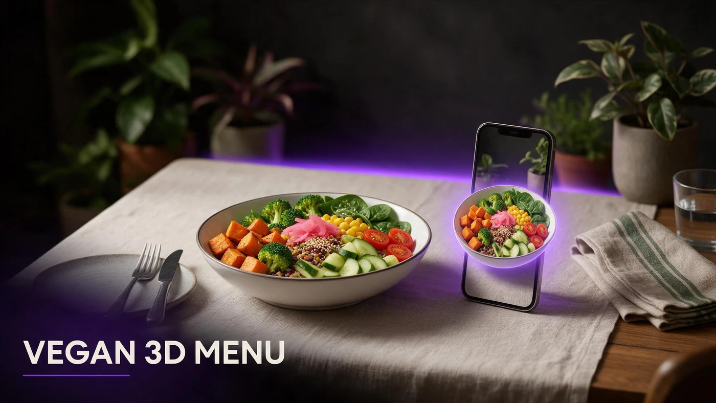 Vegan Restaurant 3D Menu: Show What Guests Are Ordering (2026) A plant-based bowl shown in 3D AR preview on a phone at a vegan restaurant table