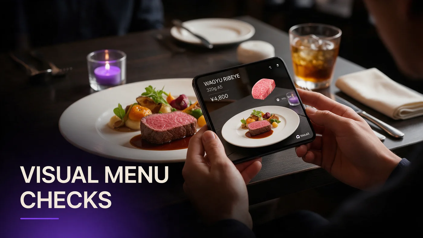 Visual Menu Average Check: How 3D Previews Affect Restaurant Spend (2026) A guest rotating a 3D dish preview on their phone while reviewing a restaurant menu before ordering